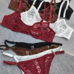 Dessous Set Damen Spitze transparent Leopard creme Brasil Slip Bügel BH sexy – Bild 7