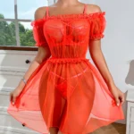 Dessous Set Damen Transparent Korallenrot Spitze Kleid Puffärmel Sexy Lingerie