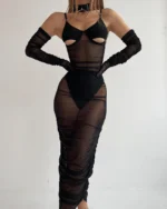 Sexy Lingerie Set Damen Transparentes Mesh Kleid mit Cut-Outs Lang + Handschuhe + Slip + Choker Schwarz für Crossdresser & Sissy Dessous – Bild 8