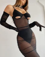 Sexy Lingerie Set Damen Transparentes Mesh Kleid mit Cut-Outs Lang + Handschuhe + Slip + Choker Schwarz für Crossdresser & Sissy Dessous – Bild 3