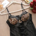 Leopard Spitzen Nachtkleid Damen lang mit Schlitz Panty Set | Sexy Lingerie – Bild 5