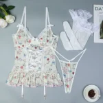Spitzen Dessous Set mit Strumpf und Schnürung | G String | florale Spitze – Bild 8