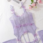 Dessous Set Damen schwarz transparent Schmetterlingsspitze ohne Bügel elastisch Polyester mit Strapsen G-String und Strümpfen erotische Unterwäsche Erwachsene – Bild 4