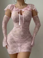 Babydoll Kleid aus Spitze mit Rüschen und langen Handschuhen Damen – Bild 2