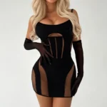 Transparentes Minikleid schwarz mit Handschuhen figurbetont Sommer Damen – Bild 2