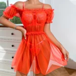 Dessous Set Damen Transparent Korallenrot Spitze Kleid Puffärmel Sexy Lingerie – Bild 5