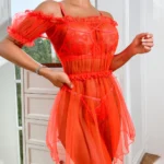 Dessous Set Damen Transparent Korallenrot Spitze Kleid Puffärmel Sexy Lingerie – Bild 6