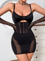 Transparentes Minikleid schwarz mit Handschuhen figurbetont Sommer Damen – Bild 8