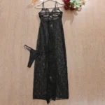 Leopard Spitzen Nachtkleid Damen lang mit Schlitz Panty Set | Sexy Lingerie – Bild 8