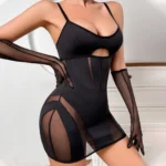 Transparentes Minikleid schwarz mit Handschuhen figurbetont Sommer Damen – Bild 4
