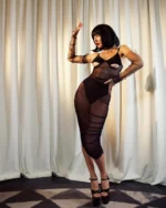 Sexy Lingerie Set Damen Transparentes Mesh Kleid mit Cut-Outs Lang + Handschuhe + Slip + Choker Schwarz für Crossdresser & Sissy Dessous – Bild 6