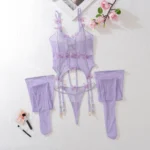 Dessous Set Damen schwarz transparent Schmetterlingsspitze ohne Bügel elastisch Polyester mit Strapsen G-String und Strümpfen erotische Unterwäsche Erwachsene