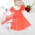 Dessous Set Damen Transparent Korallenrot Spitze Kleid Puffärmel Sexy Lingerie – Bild 7