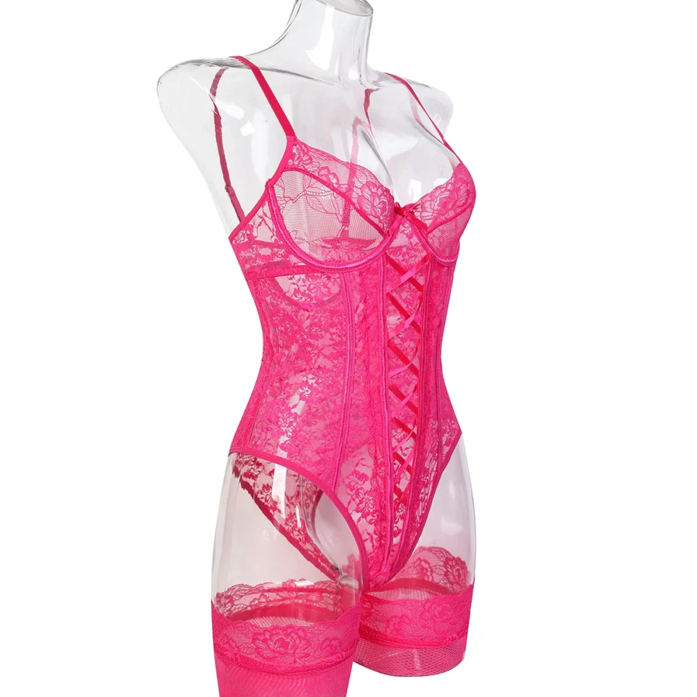 Spitzen-Dessous-Body mit Strumpf, Fitness-Damen-Mieder-Oberteile, Schnür-Bodys, ausgefallene, durchsichtige Bodys – Bild 7