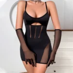Transparentes Minikleid schwarz mit Handschuhen figurbetont Sommer Damen – Bild 3