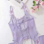 Dessous Set Damen schwarz transparent Schmetterlingsspitze ohne Bügel elastisch Polyester mit Strapsen G-String und Strümpfen erotische Unterwäsche Erwachsene – Bild 3