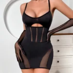 Transparentes Minikleid schwarz mit Handschuhen figurbetont Sommer Damen – Bild 6