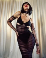 Sexy Lingerie Set Damen Transparentes Mesh Kleid mit Cut-Outs Lang + Handschuhe + Slip + Choker Schwarz für Crossdresser & Sissy Dessous – Bild 5