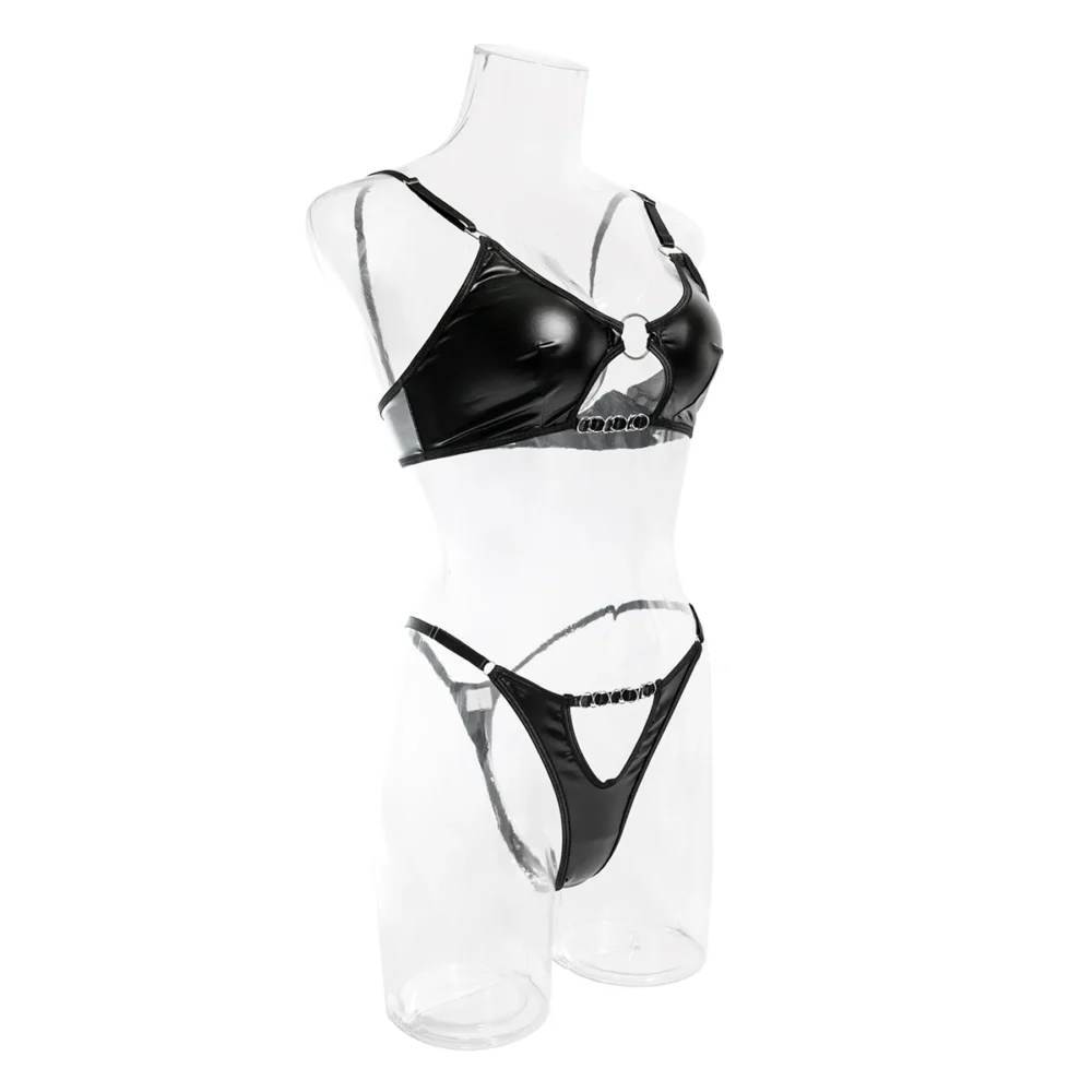 Verführerisches Lederoptik-Dessous-Set für Damen | 2-teilig mit Cut-Out-Details & runden Ringen | Drahtloser BH & sinnliche Reizwäsche – Bild 11