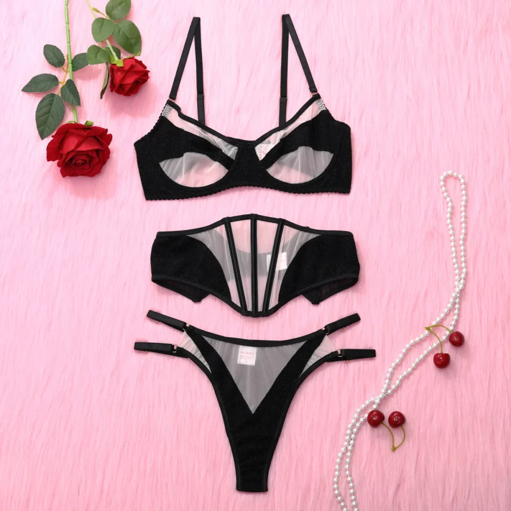 Dessous Set Strumpfgürtel Tüll Unterwäsche transparent erotisch Schwarz – Bild 6