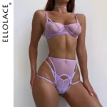Ellolace Sinnliche Dessous Bilizna Set Transparenter Push-Up-BH Hot Sexy Onlyfans Outfits Lavendel Ensemble Brasilianische Unterwäsche