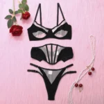 Dessous Set Strumpfgürtel Tüll Unterwäsche transparent erotisch Schwarz – Bild 7