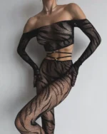 Mesh Dessous Outfit Damen sexy durchsichtig Zebramuster schwarz Crop-Top Hose – Bild 6