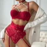 Damen Dessous Set BH Slip Spitze Perlen Push-up String – Bild 8