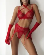 Damen Neckholder BH Set 5-teilig Schwarz durchsichtig Strumpfhalter Spitze – Bild 4