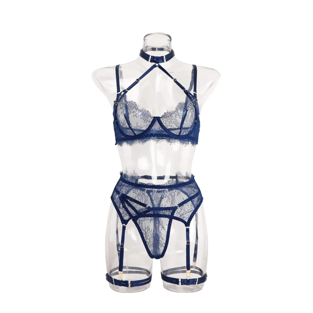 Damen Neckholder BH Set 5-teilig Schwarz durchsichtig Strumpfhalter Spitze – Bild 8