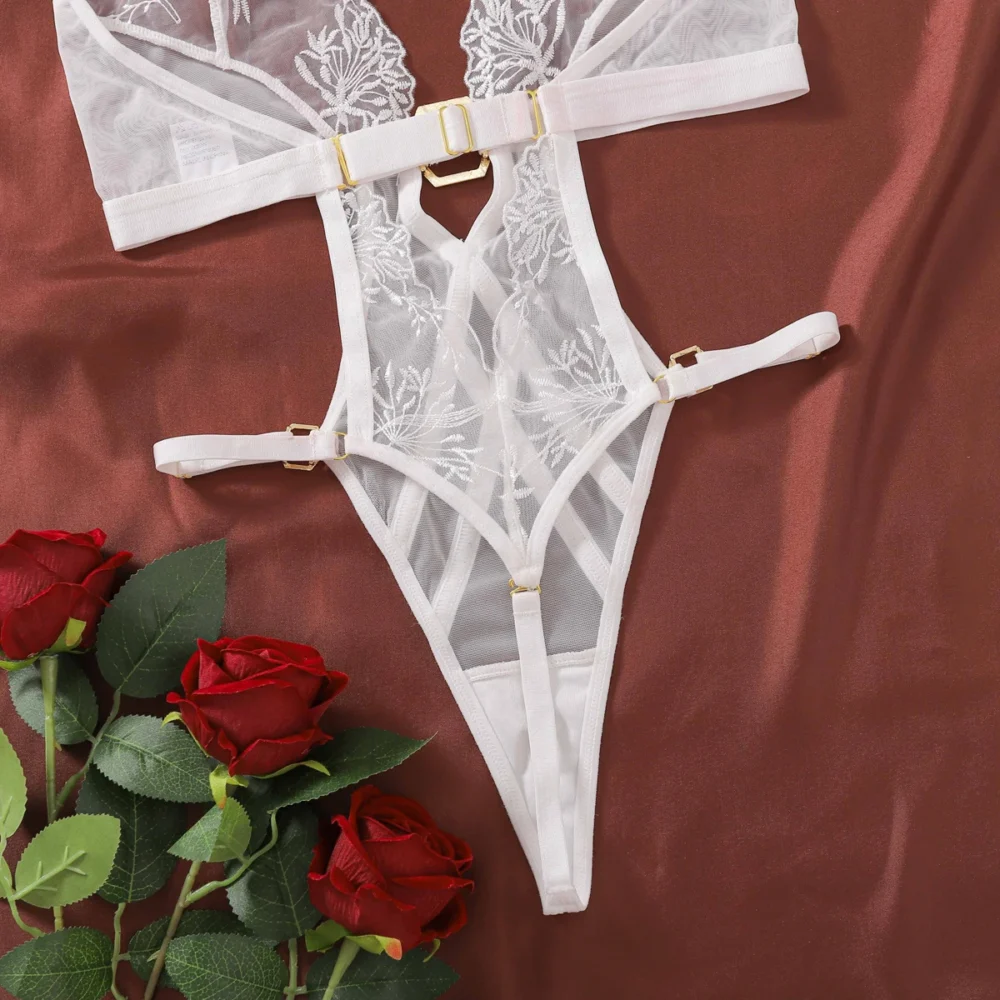 Sexy Dessous Body Neckholder V-Ausschnitt Spitze Nachtwäsche Weiß – Bild 11