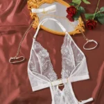 Sexy Dessous Body Neckholder V-Ausschnitt Spitze Nachtwäsche Weiß – Bild 10