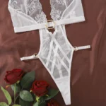 Sexy Dessous Body Neckholder V-Ausschnitt Spitze Nachtwäsche Weiß – Bild 9