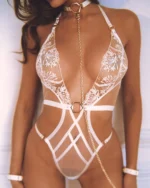 Sexy Dessous Body Neckholder V-Ausschnitt Spitze Nachtwäsche Weiß