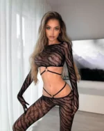 Mesh Dessous Outfit Damen sexy durchsichtig Zebramuster schwarz Crop-Top Hose – Bild 2