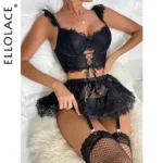 Spitzen Dessous Set 5-teilig BH mit Strümpfen Damen Unterwäsche Schwarz