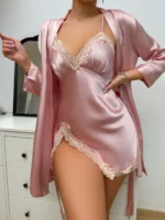 Satin Pyjama Set Damen langärmelig mit Robe und Spitze V-Ausschnitt Nachtwäsche