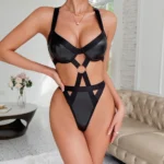 Damen Bodysuit PU Leder Schwarz rückenfrei erotische Dessous Einteiler – Bild 5