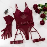 Erotische Dessous Spitzen Bodysuit mit Garter Strumpfhalter Netz Crotchless Lingerie – Bild 5