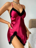 Damen-Pyjama aus Satin, V-Ausschnitt, Spitze, Patchwork, einfarbig, sexy, rückenfrei, Neckholder-Nachthemd – Bild 3