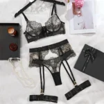 Krasapt Sexy Black Flower Lace Embroidery Lingerie 4 Pcs Sets Fancy Mesh Transparent Metal Buckle Bra And Thong Garter Suits – Bild 6