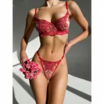 Erotische Dessous Set 3-teilig rot Stickerei sexy weibliche Unterwäsche – Bild 3