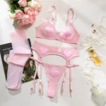 Sexy Dessous Set Rosa Herz Patchwork Mesh BH Höschenanzug Strumpf 4-teilig – Bild 6