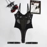 Damen Bodysuit sexy schwarz Mesh Spitze transparent lückenlos ohne Träger – Bild 5