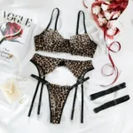 Leopard Print Lingerie Set 4-teilig durchsichtig BH Slip exotisch – Bild 6