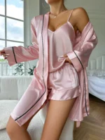 Einfaches Satin-Pyjama-Set mit langen Ärmeln, Gürtel, Robe, V-Ausschnitt, Cami-Top und Shorts, Damen-Nachtwäsche