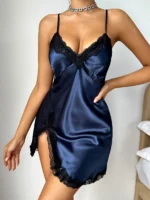 Damen-Pyjama aus Satin, V-Ausschnitt, Spitze, Patchwork, einfarbig, sexy, rückenfrei, Neckholder-Nachthemd – Bild 5