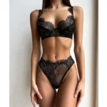 Schwarzes Spitzen Dessous Set BH und Tanga erotische Unterwäsche – Bild 2