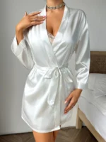 Sommer Satin Damen Nachthemd einfarbig Schnür gewand sexy bequeme Damen Pyjama Lounge wear – Bild 3