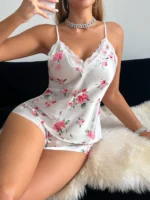 Damen Pyjama Set Spitze V-Ausschnitt Neckholder Shorts bedruckt 2-teilig – Bild 4